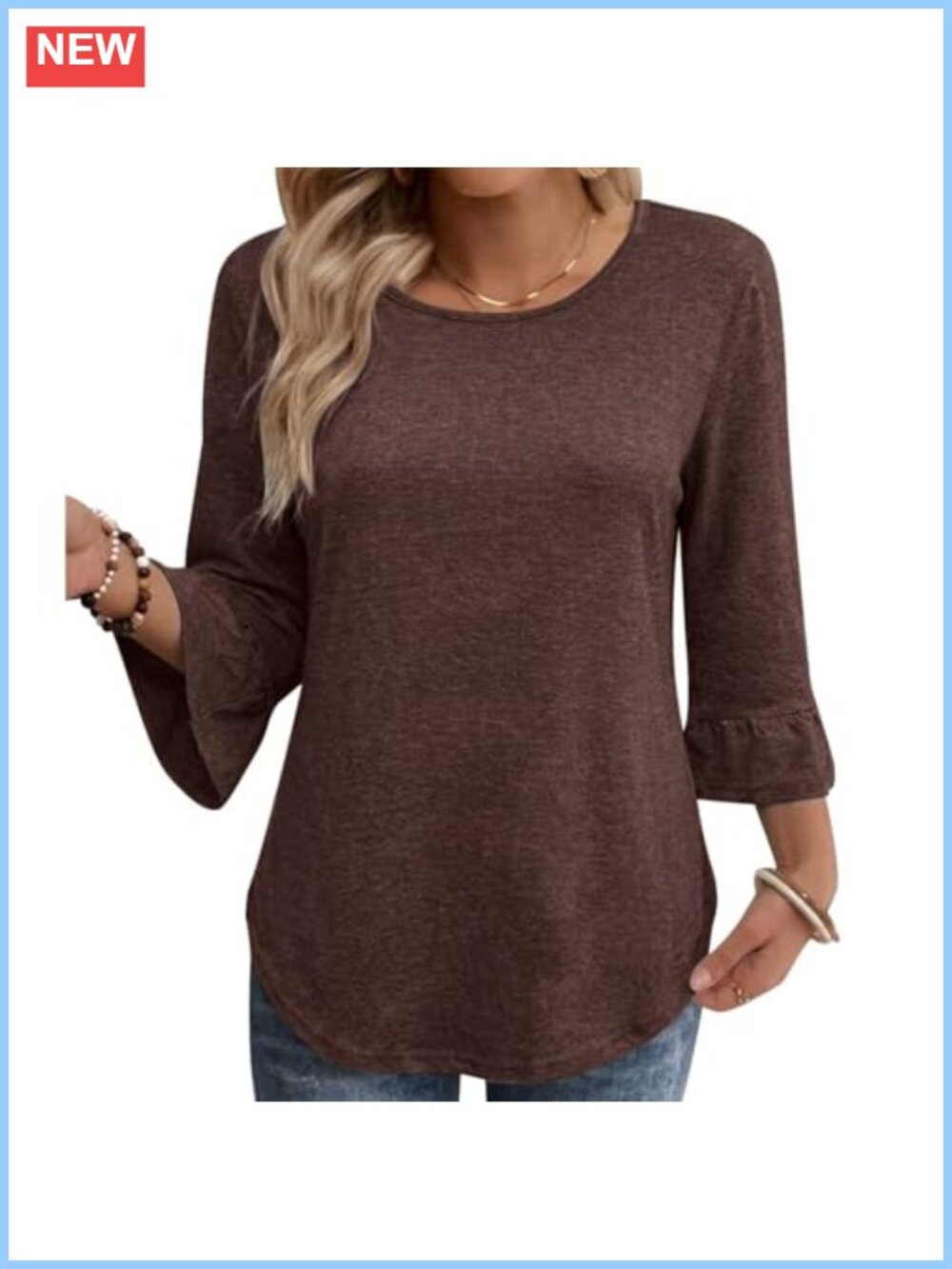 JTI 3/4 Bell Sleeve Ruffled Top Slim Fit Chic Blouse